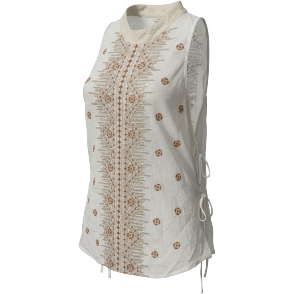 Miss Me Women's Cream Embroidered Lace Up Keyhole Back Sleeveless Blouse Small
